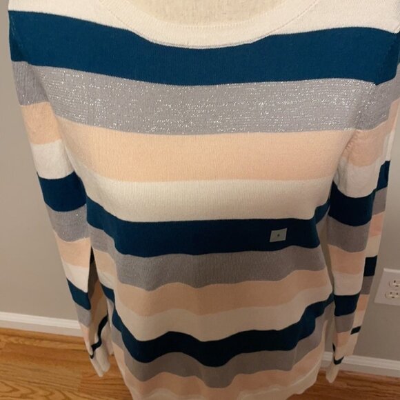 Loft Striped Sweater NWT Teal Pink Metallic Silver White Split Side Hem Soft S - Picture 2 of 7